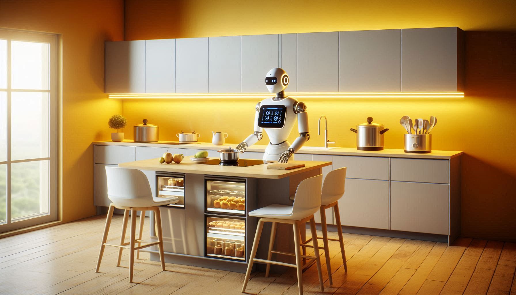 A robot is preparing a healthy and tasty meal in smart kitchen