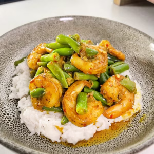 butter garlic prawn and bean stir fry