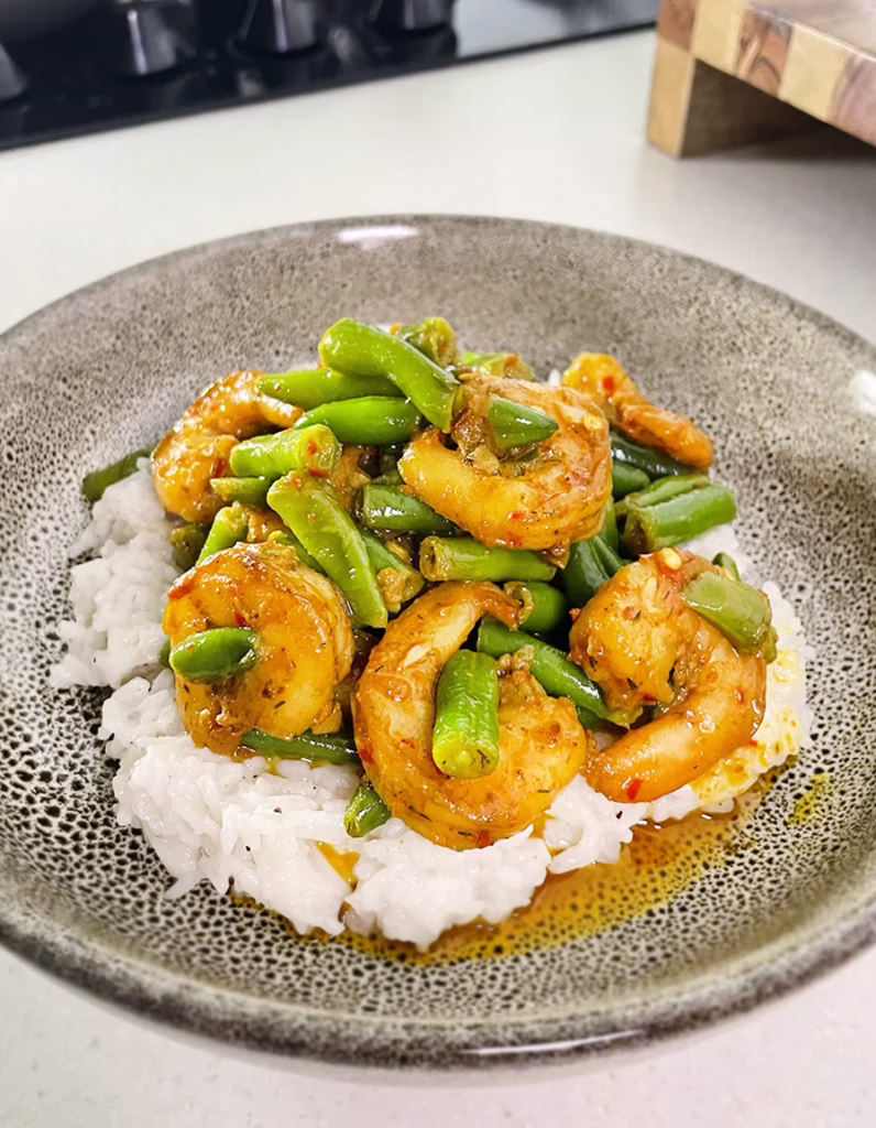 butter garlic prawn and bean stir fry